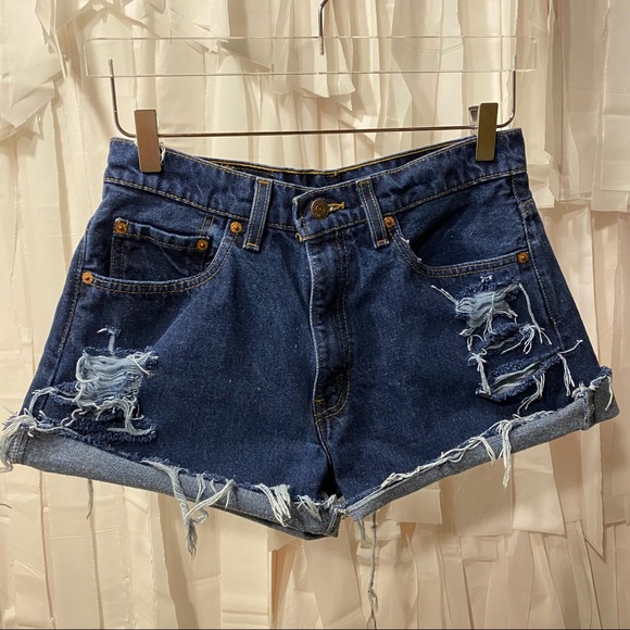 Levi 555 Dark Wash Distressed Denim Cutoffs - Picture 2 of 10